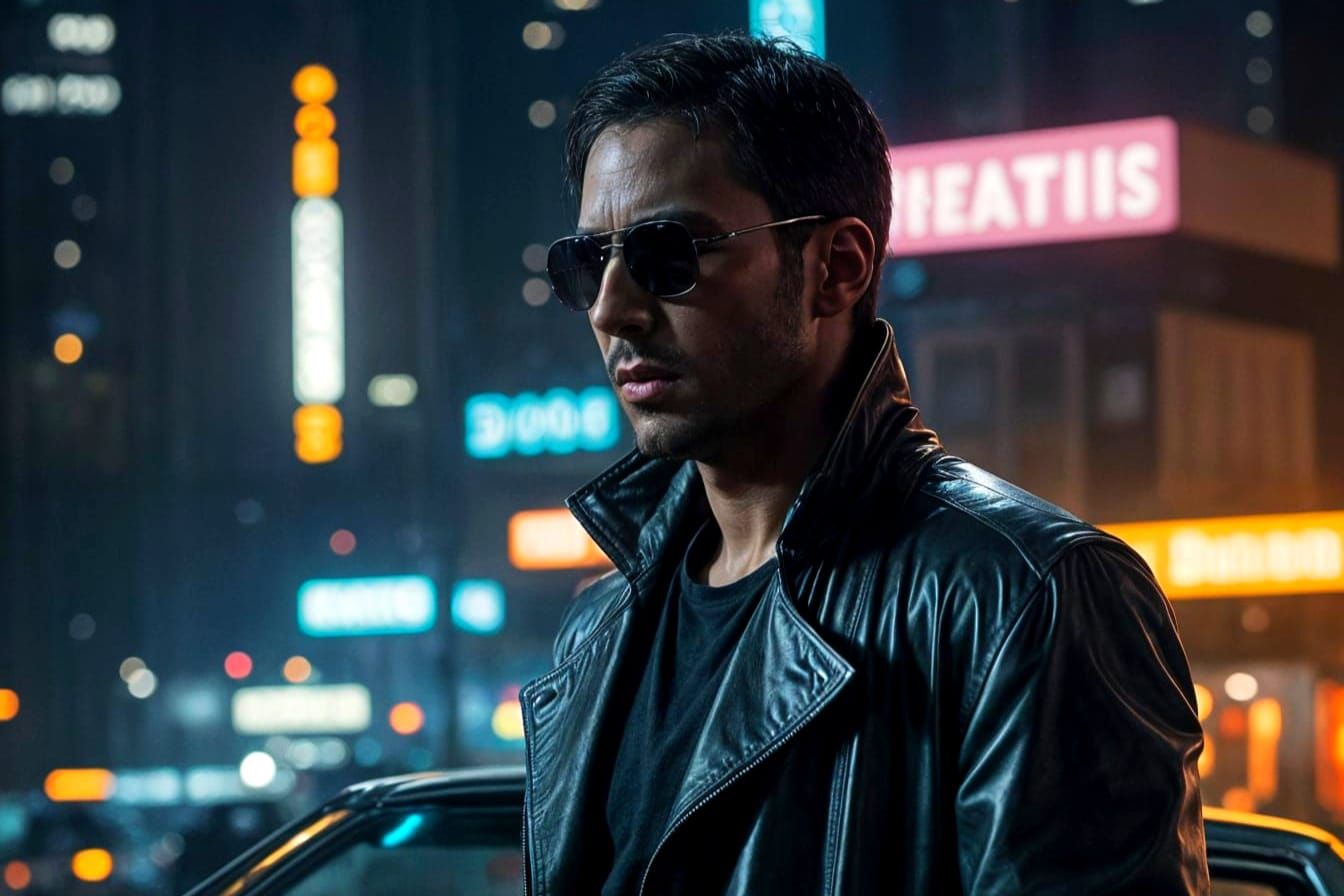 Cyberpunk Hero Emerges from Nighttime City