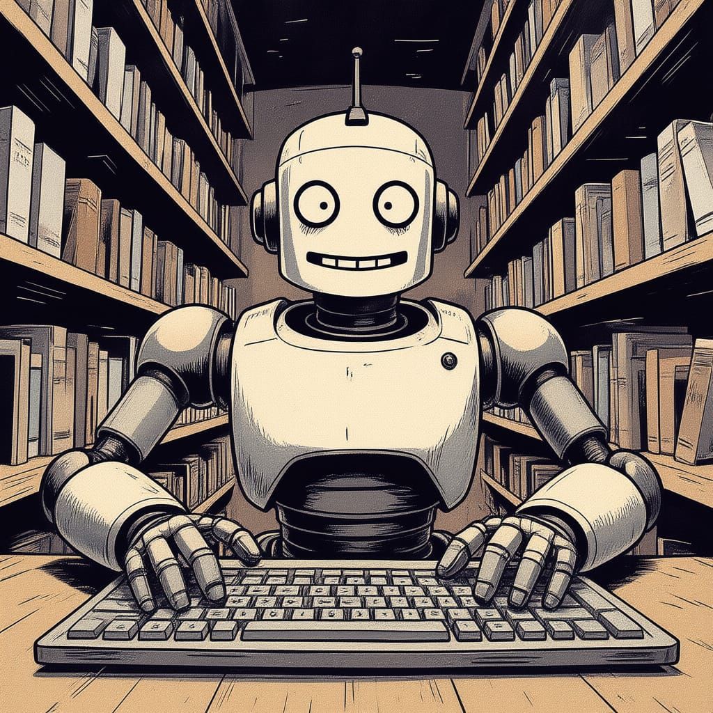 Retro Robot at Computer in Monochromatic Illustration Style