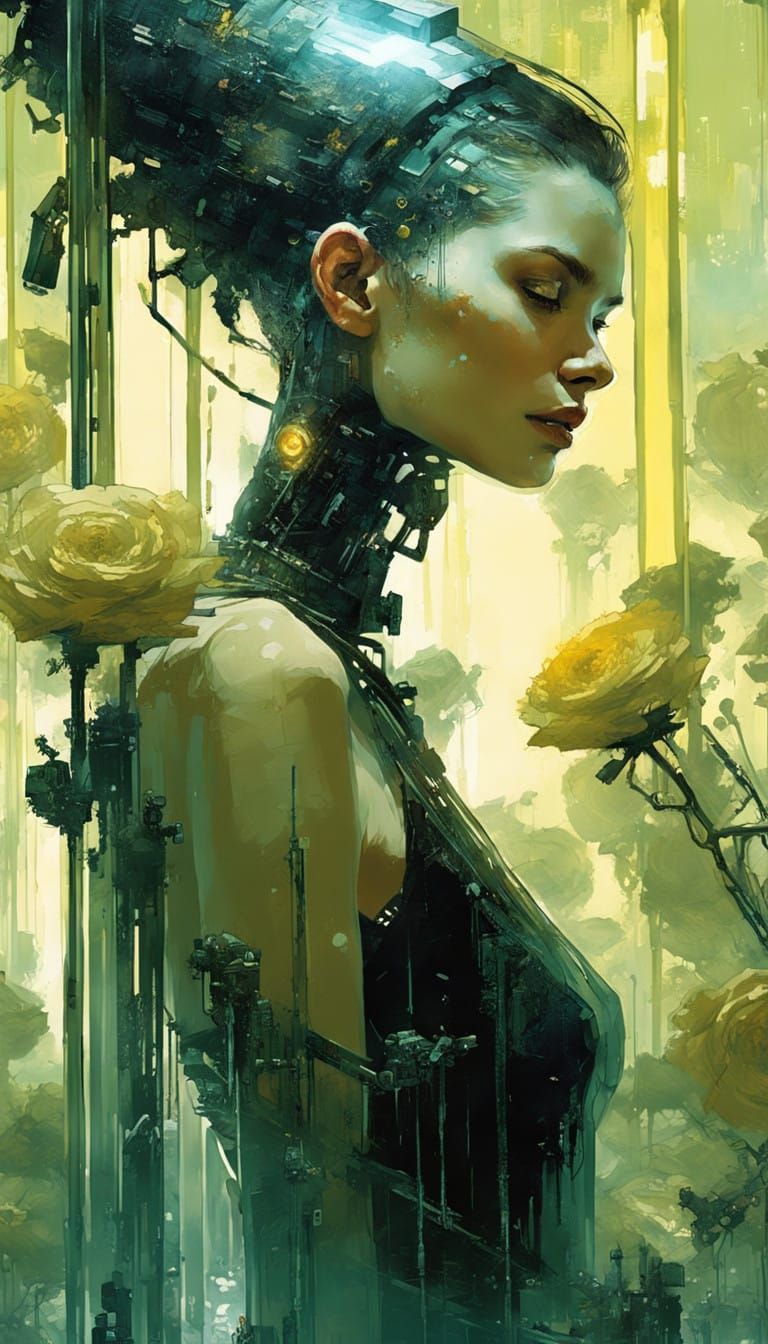 Cyberpunk Woman with Robotic Neck Finds Tranquility in Glass...