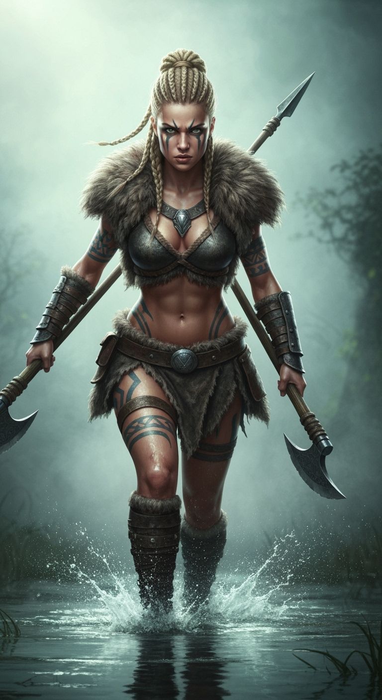 Barbarian Warrior Woman in Misty Swamp, Cinematic Fantasy Ar...
