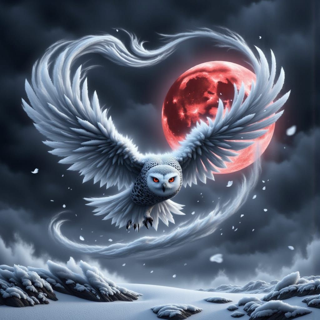 Ethereal Snowy Owl soars beneath a Blood Moon