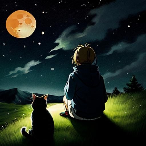 Sad Anime Girl with Cat Gazing at Moon