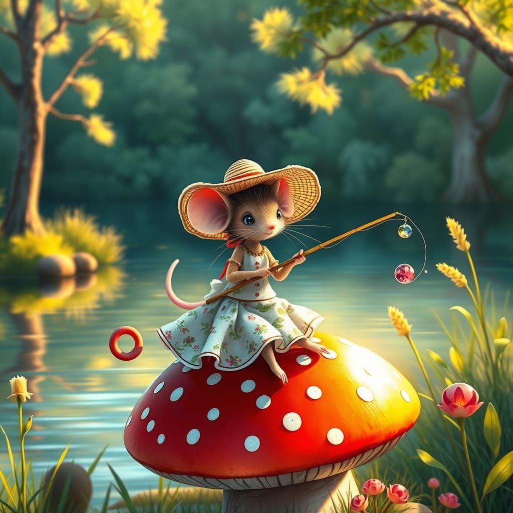 Whimsical Mouse on Toadstool at Serene Lake