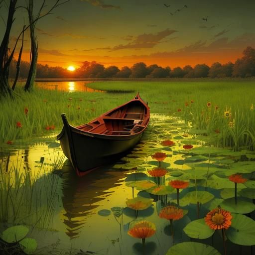Swamp River Sunset: A Color Print Art Masterpiece