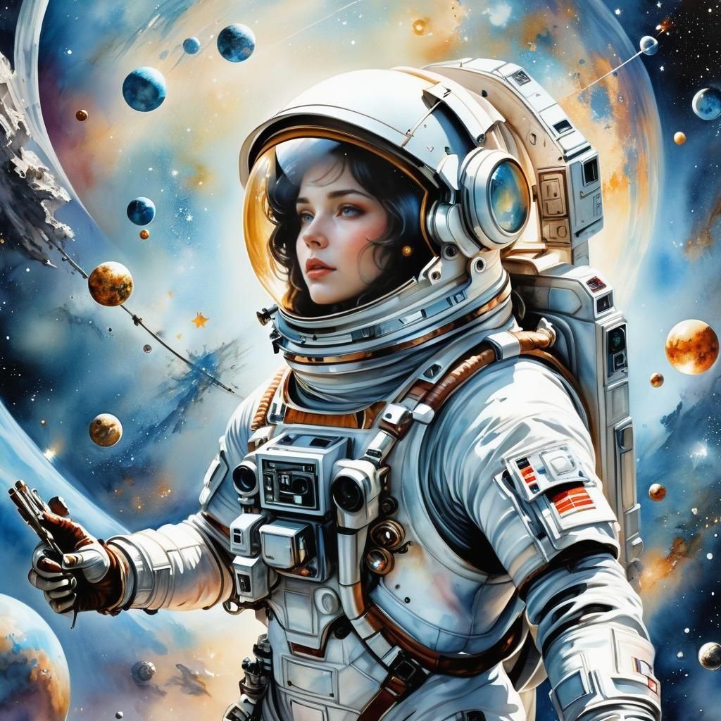 Spaceman Exploring New Planet in Watercolor Style