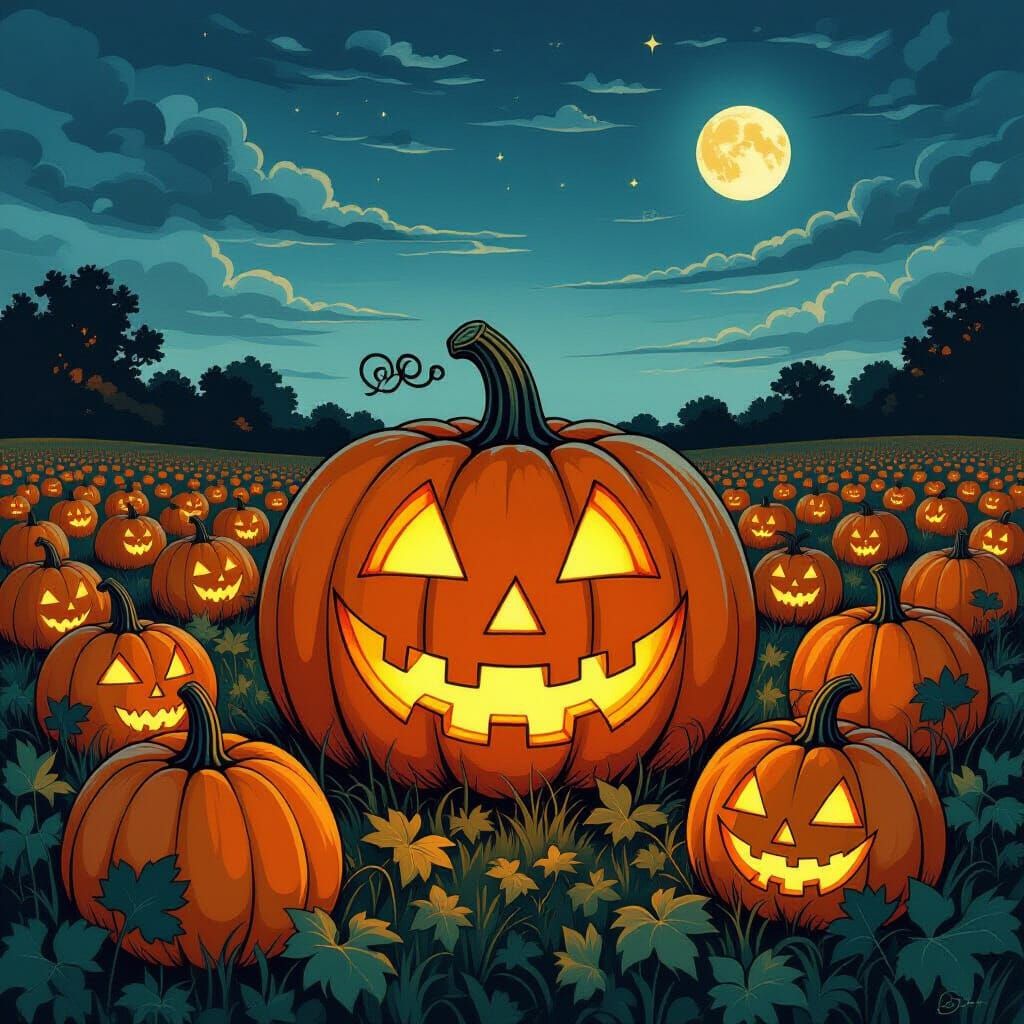 Whimsical Pumpkin Patch Etching with Art Nouveau King of Spa...