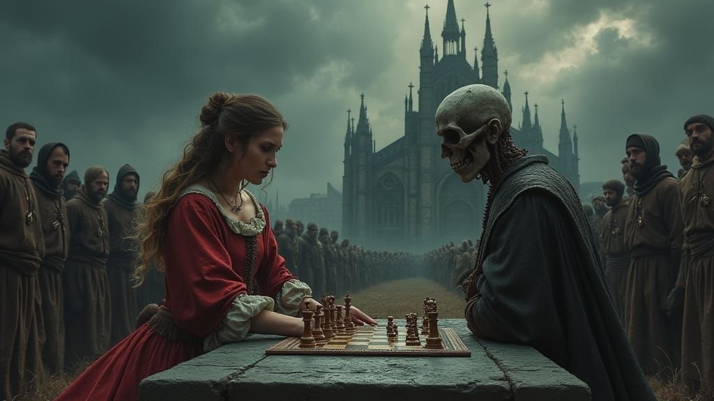 Medieval Chess Game with Death in Gothic Setting