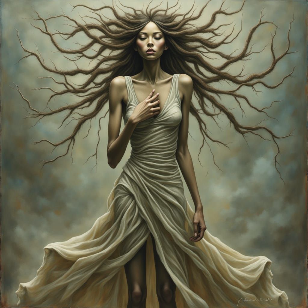 Ethereal Woman in Dreamlike, Soft-Textured Landscape