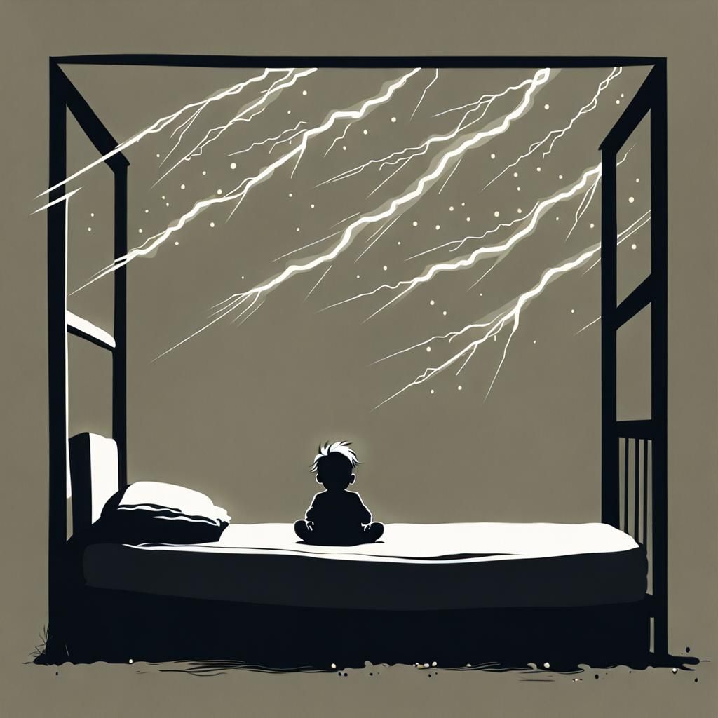 Minimalist Painting: Child Hiding from Lightning