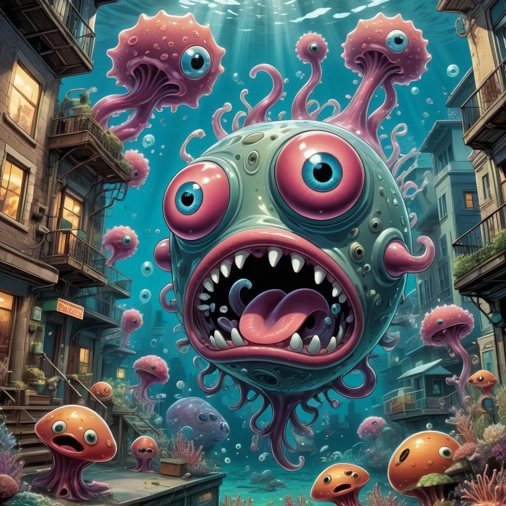 Cartoon Amoeba in Microscopic Underwater City