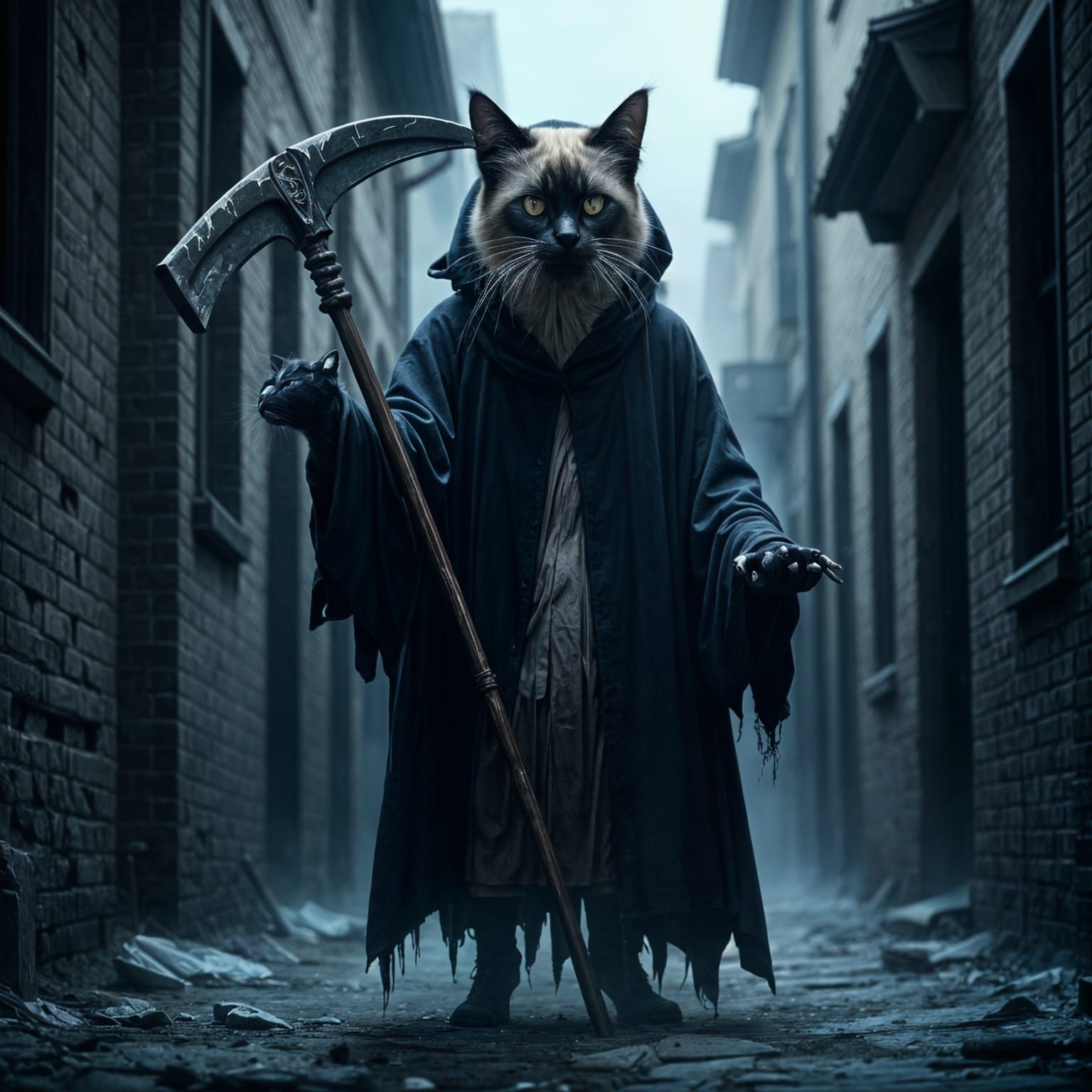 Siamese Grim Reaper Cat in Dimly Lit Alley