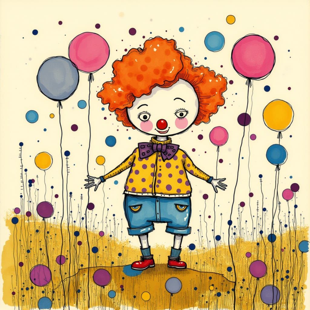 Wholesome Clown in Sunny Meadow, Storybook Style