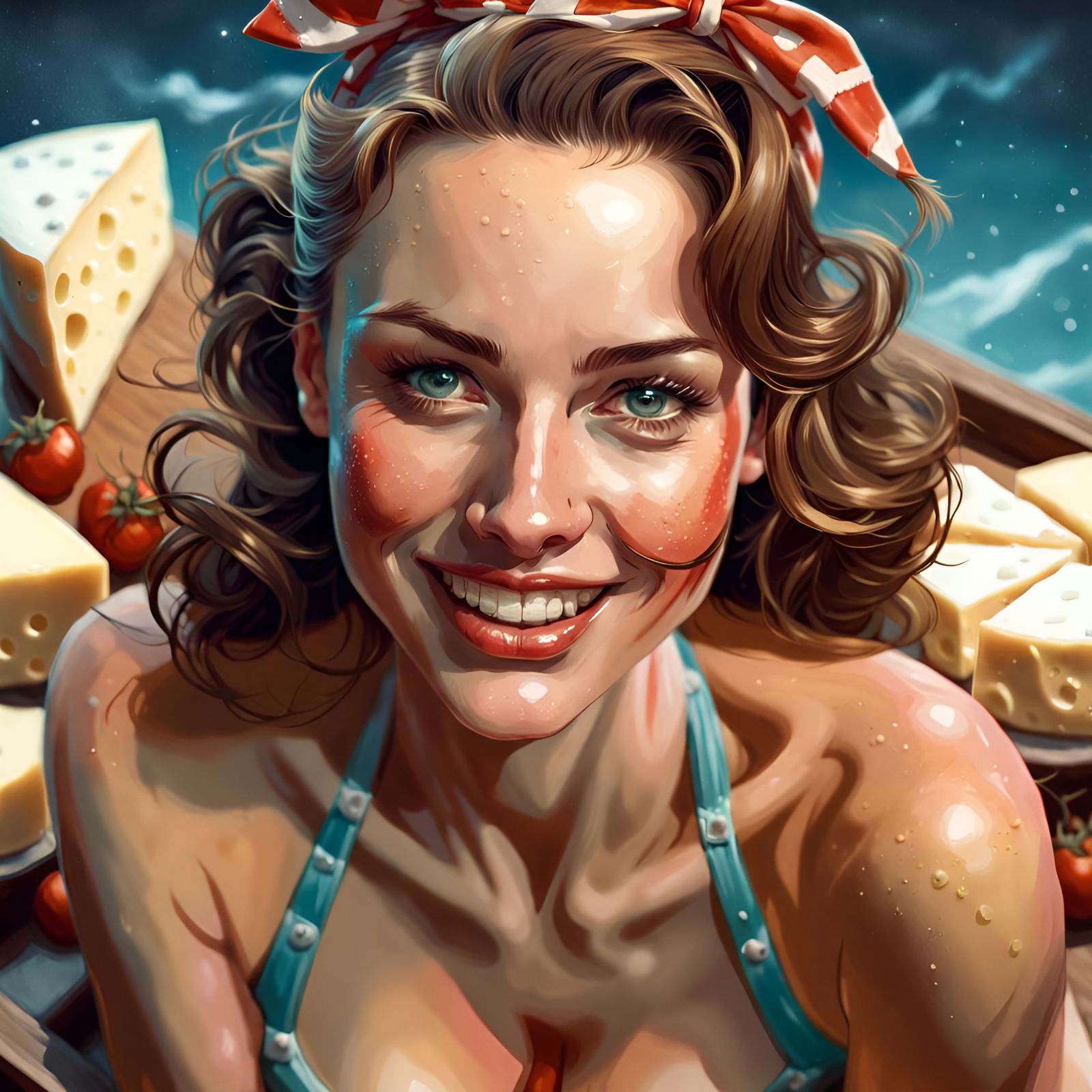 Bikini Beauty Surrounded by Brie, Pin-Up Style