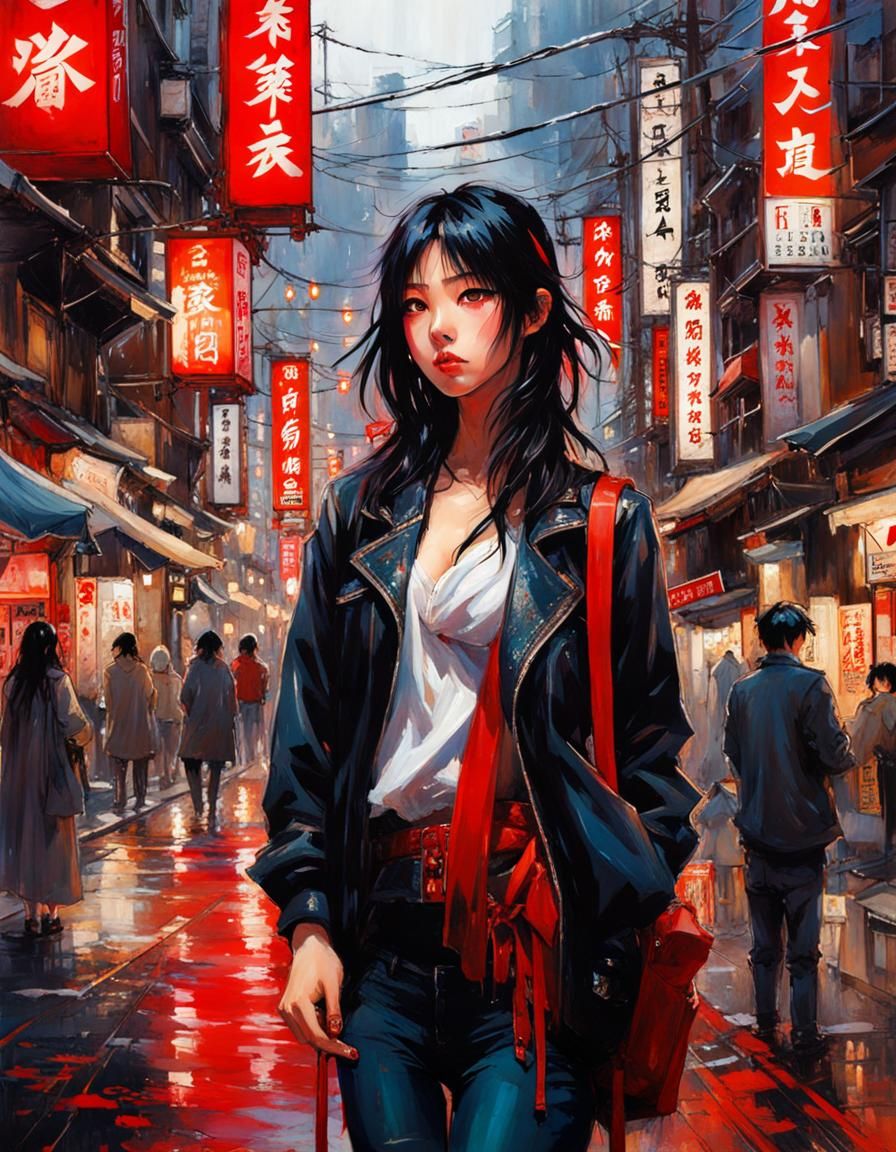 Beautiful Japanese Girl in Tokyo Street, Splash Art