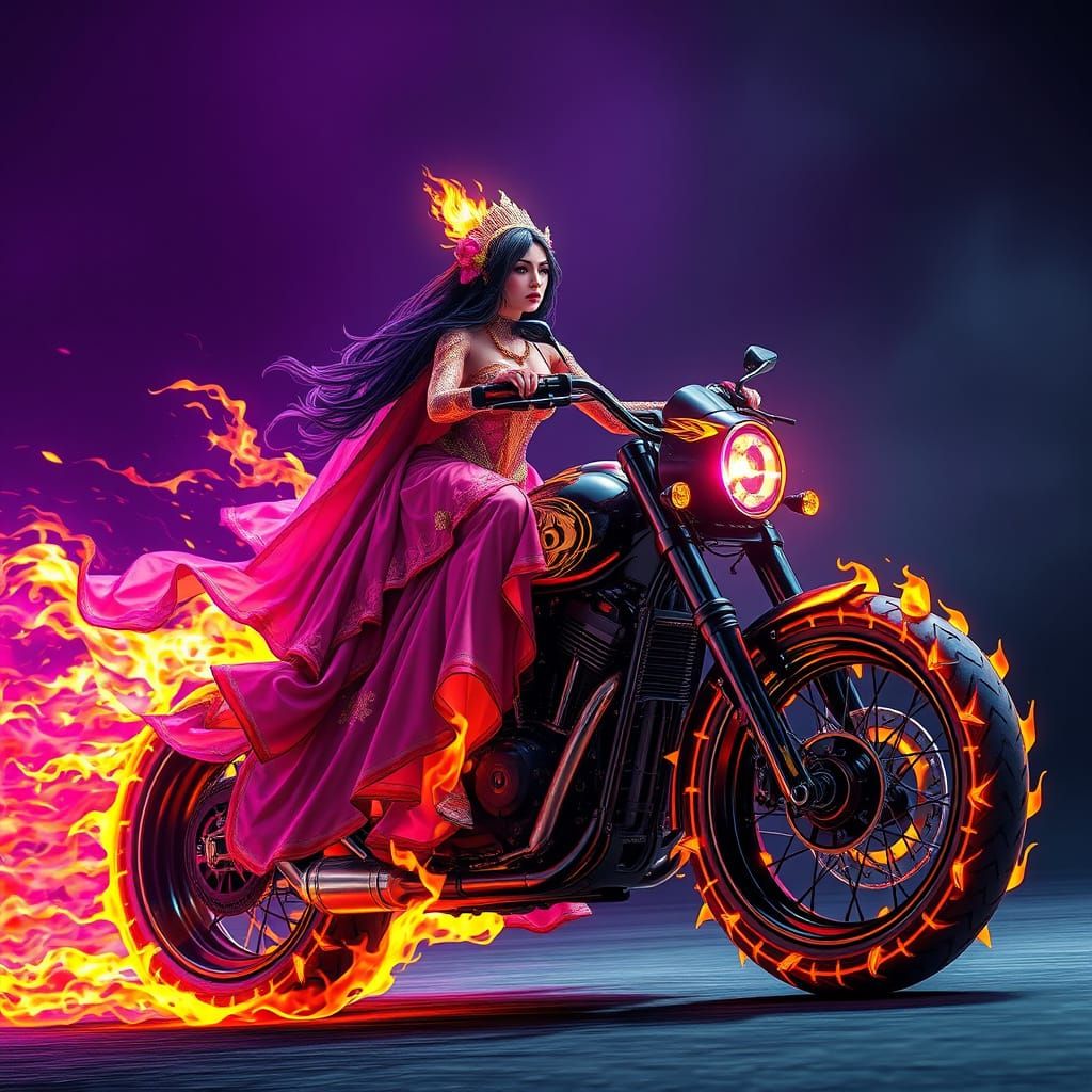 the devil is a woman in a bridal gown made of flames, riding a motorcycles with flaming wheels and treads