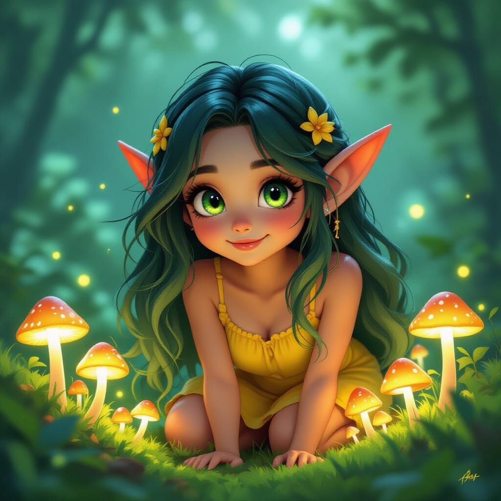 Mischievous Labubu Elf in Bioluminescent Garden