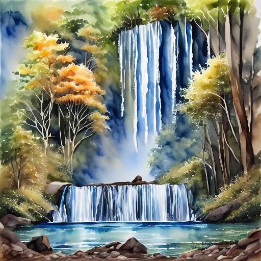 Watercolor Waterfall: Serene Nature in Delicate Hues