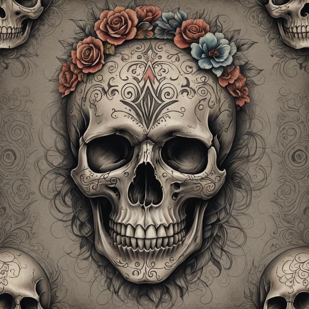 Day of the Dead Skull with Tribal Tattoo Motifs