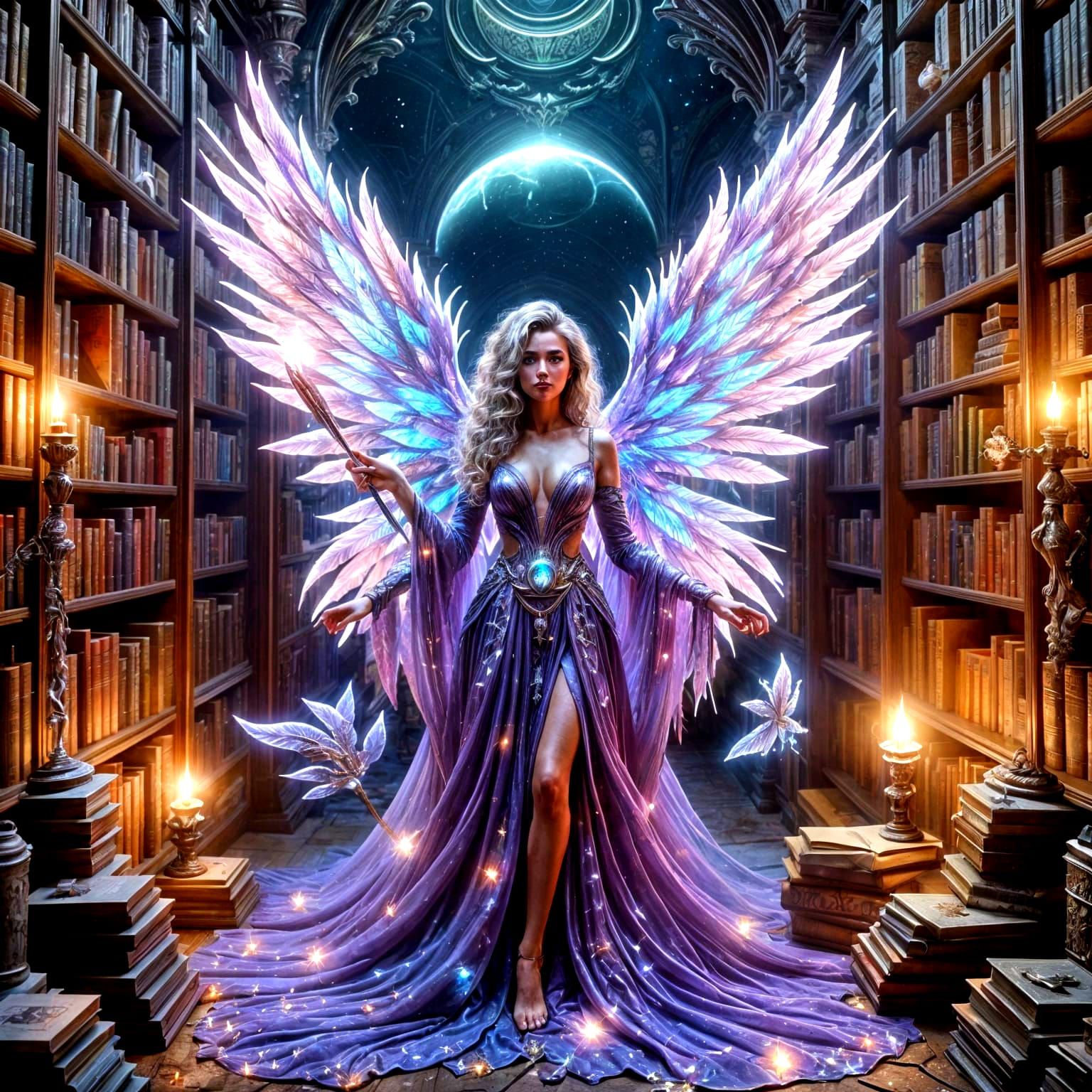 Celestial Librarian with Holographic Wings in Starry Library