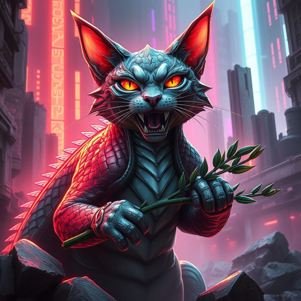 Cyberpunk Dragon-Cat in Neon Ruins
