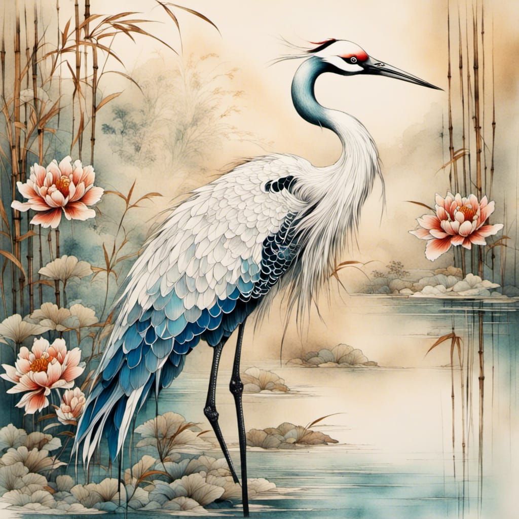 Crane, Koi, and Bamboo in Chinese Parchment Style