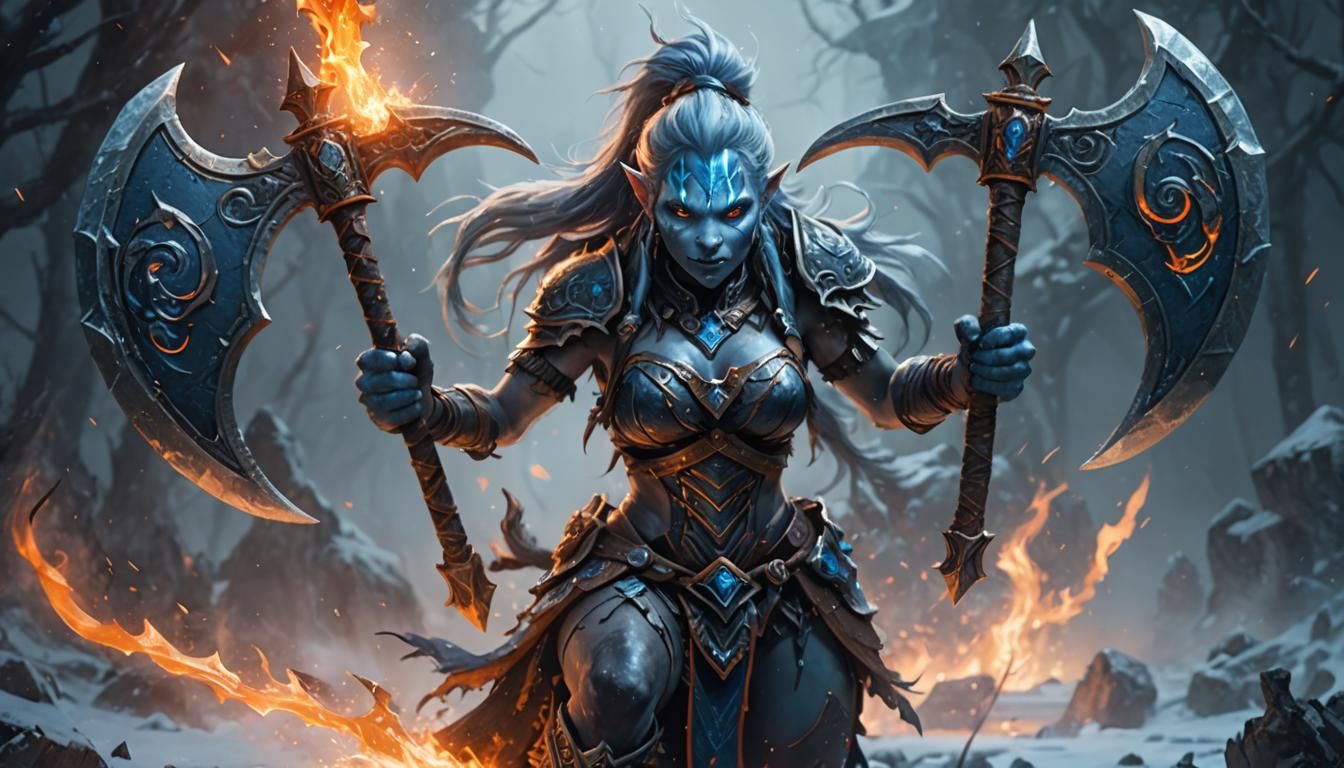 Blue Troll Warrior with Shadowmourne Axe in Dark Fantasy Sty...