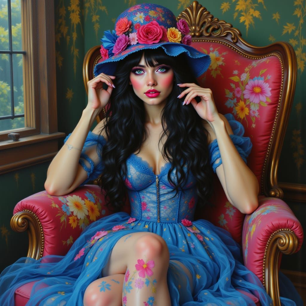 Woman in Blue Lace Dress with Floral Hat