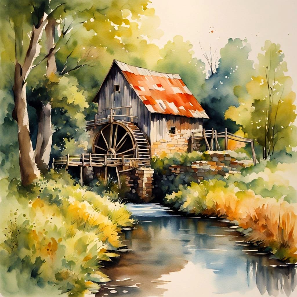 Serene Boy Fishing Near Waterwheel in Idyllic Landscape