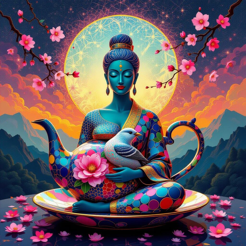 Figure Teapot Embraces Bird in Dot Collage Style