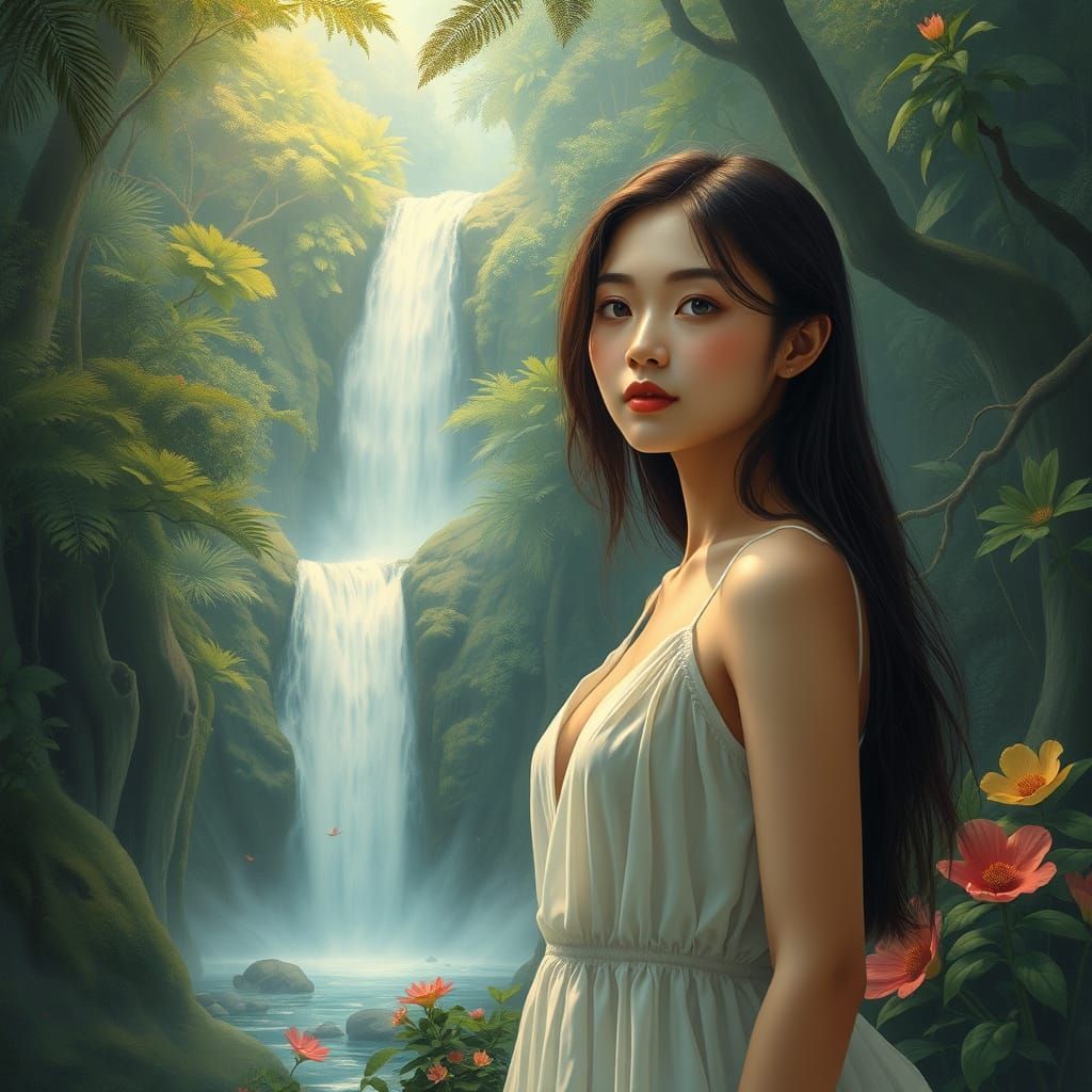 Surreal Forest Scene: Woman by Waterfall