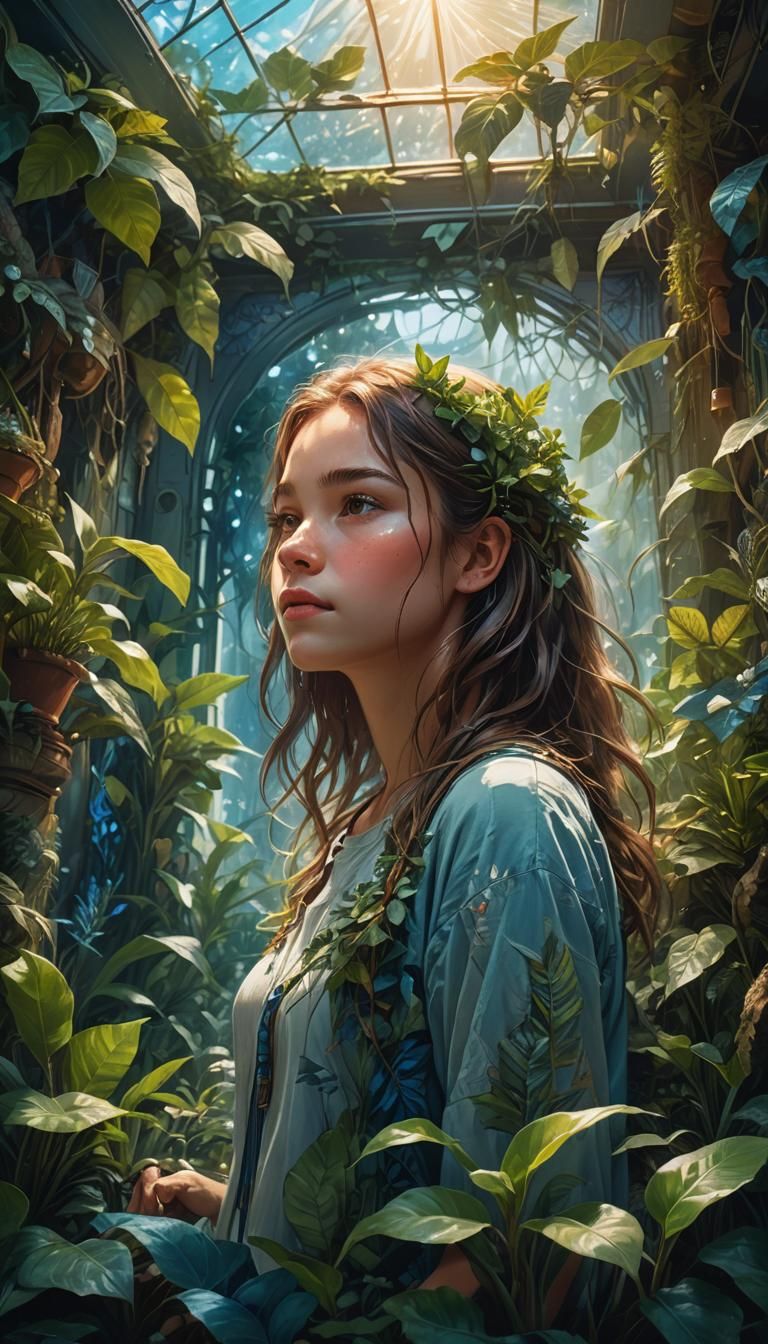 Girl in Plant-Filled Fantasy Bedroom: Dreamy Oil Painting