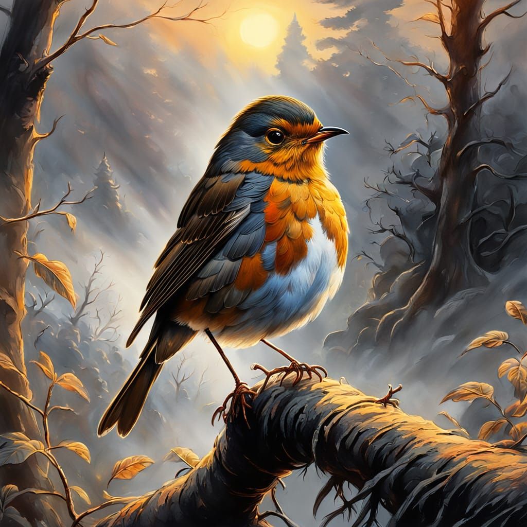 Robin in Mist: Hyperdetailed Charcoal Impasto Drawing