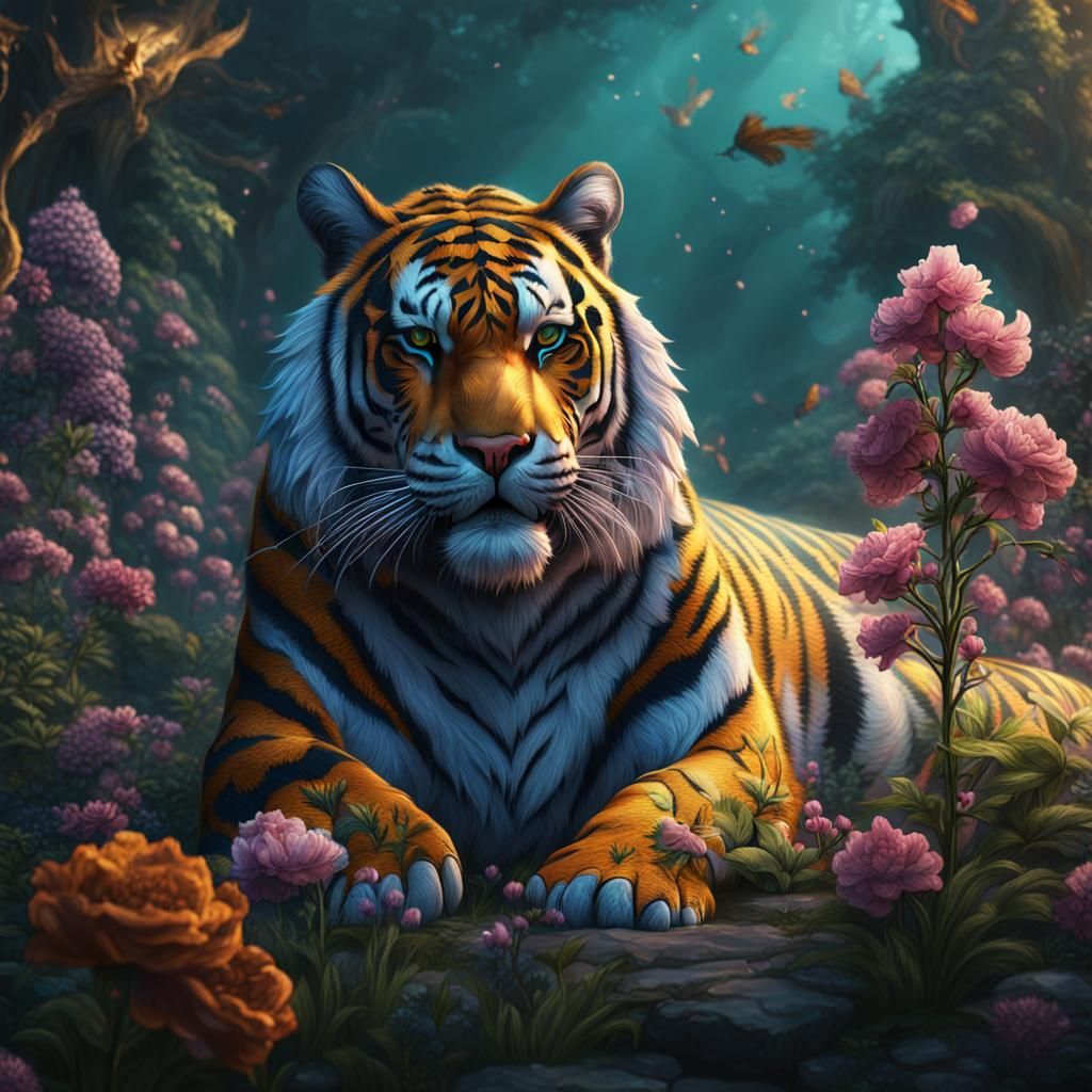 Flowering Tiger in Detailed Matte Painting Style
