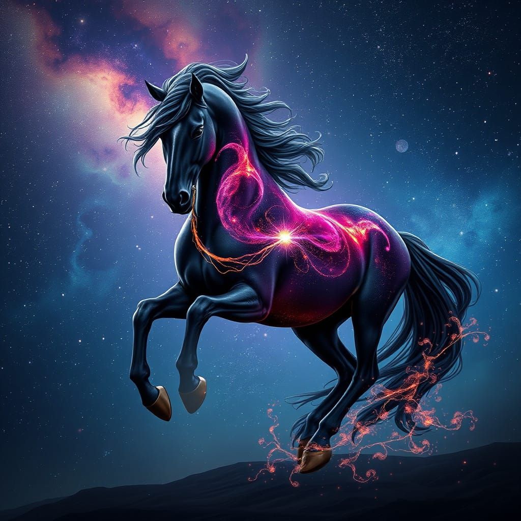 Galactic Black Horse Under Starry Night Sky