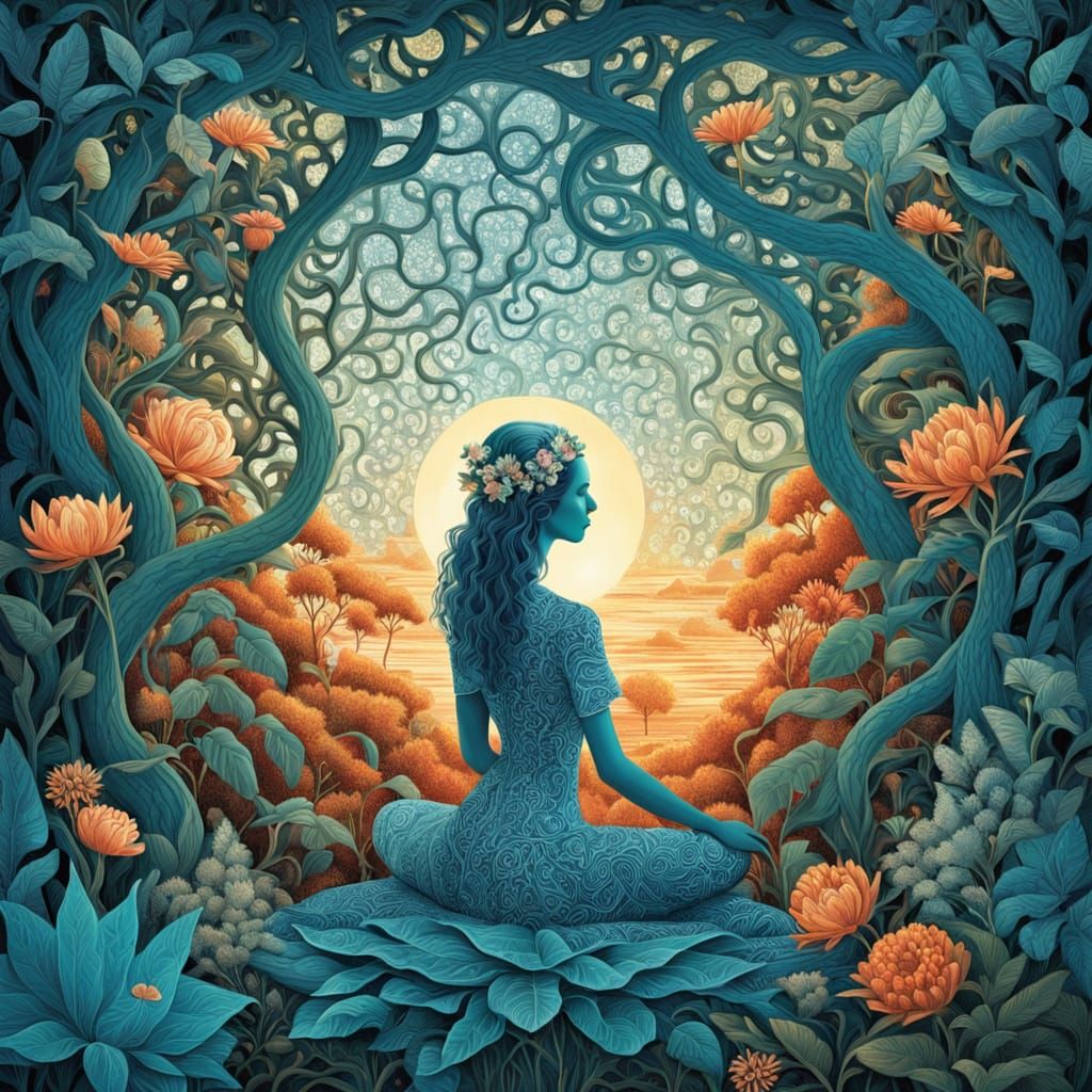 Mystical Woman in Surrealist Dreamscape with Labyrinth of Li...