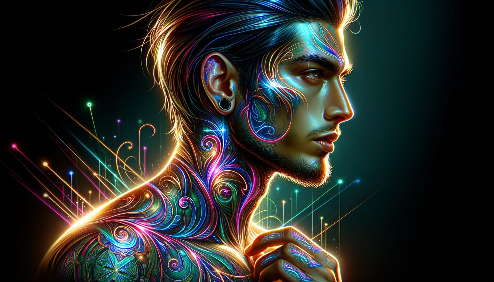 Iridescent Neon Tattoo Art of South Asian Man
