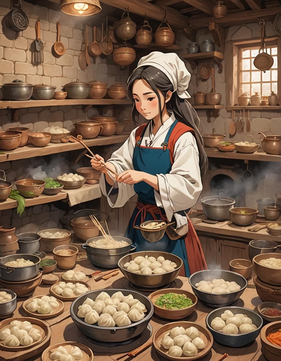 Anime Woman Cooking Dumplings in Ghibli Kitchen