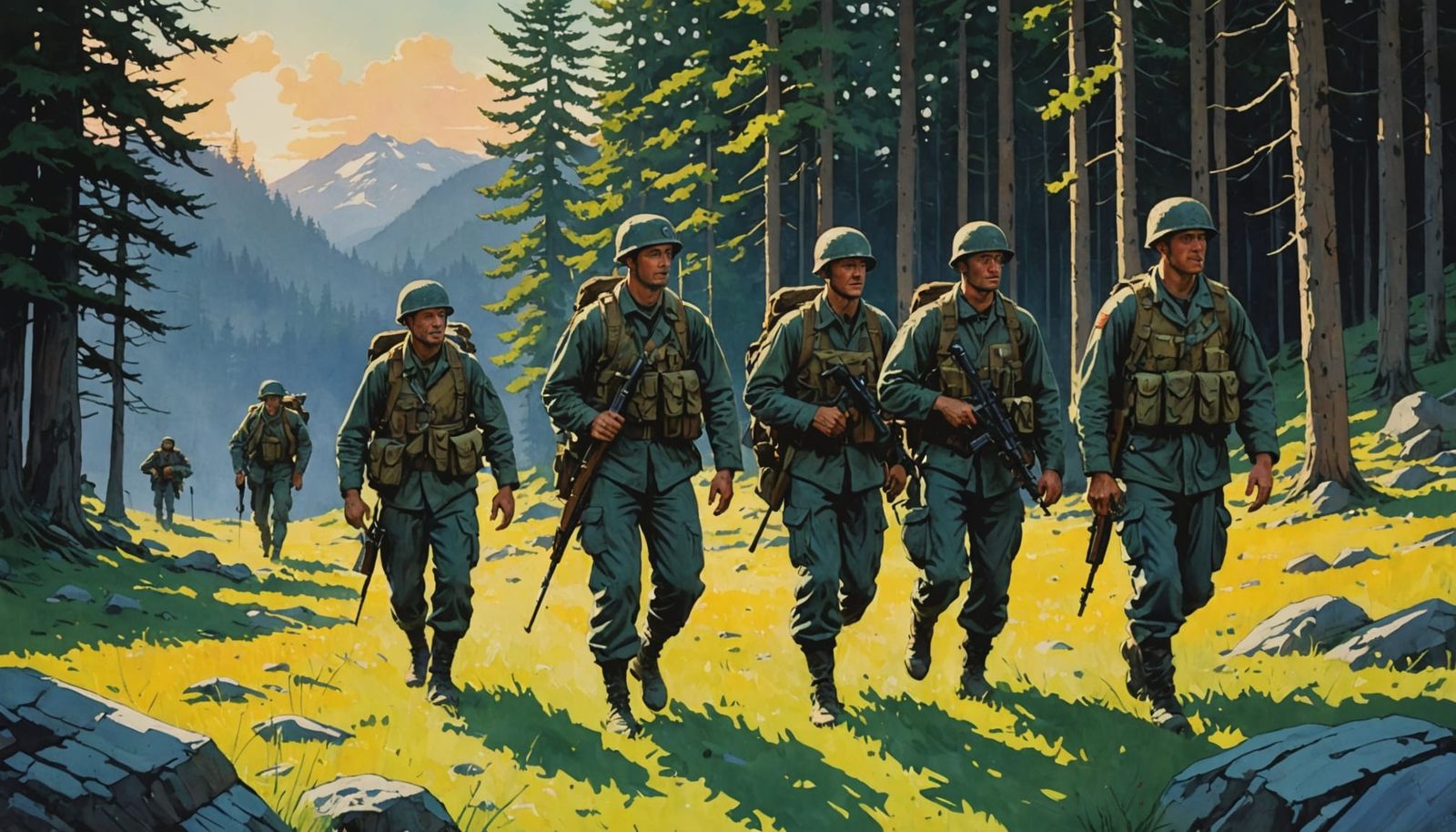 WWII Army Soldiers on Base in Comic Book Style