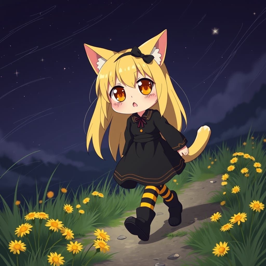 Whimsical Anime Catgirl in Early Spring Storm
