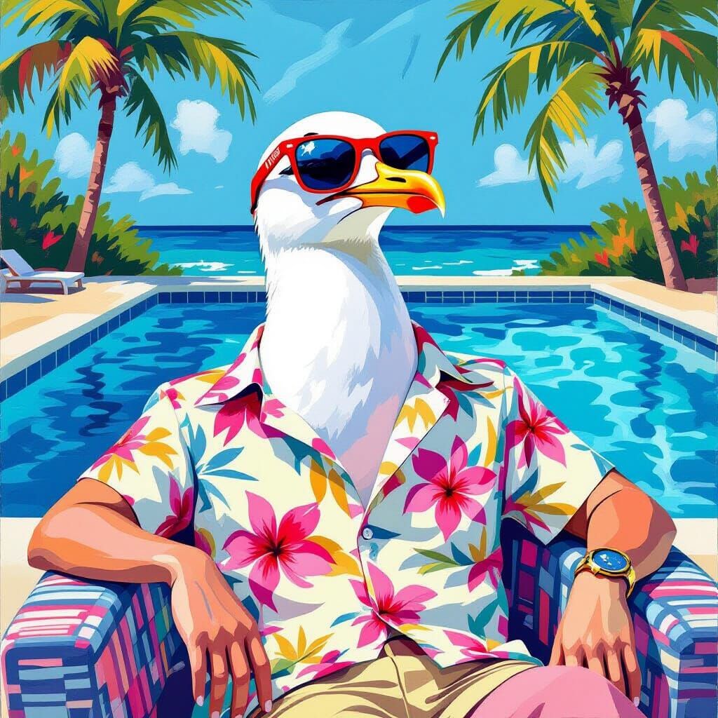 Sea Gull Lounging Poolside in Whimsical Style
