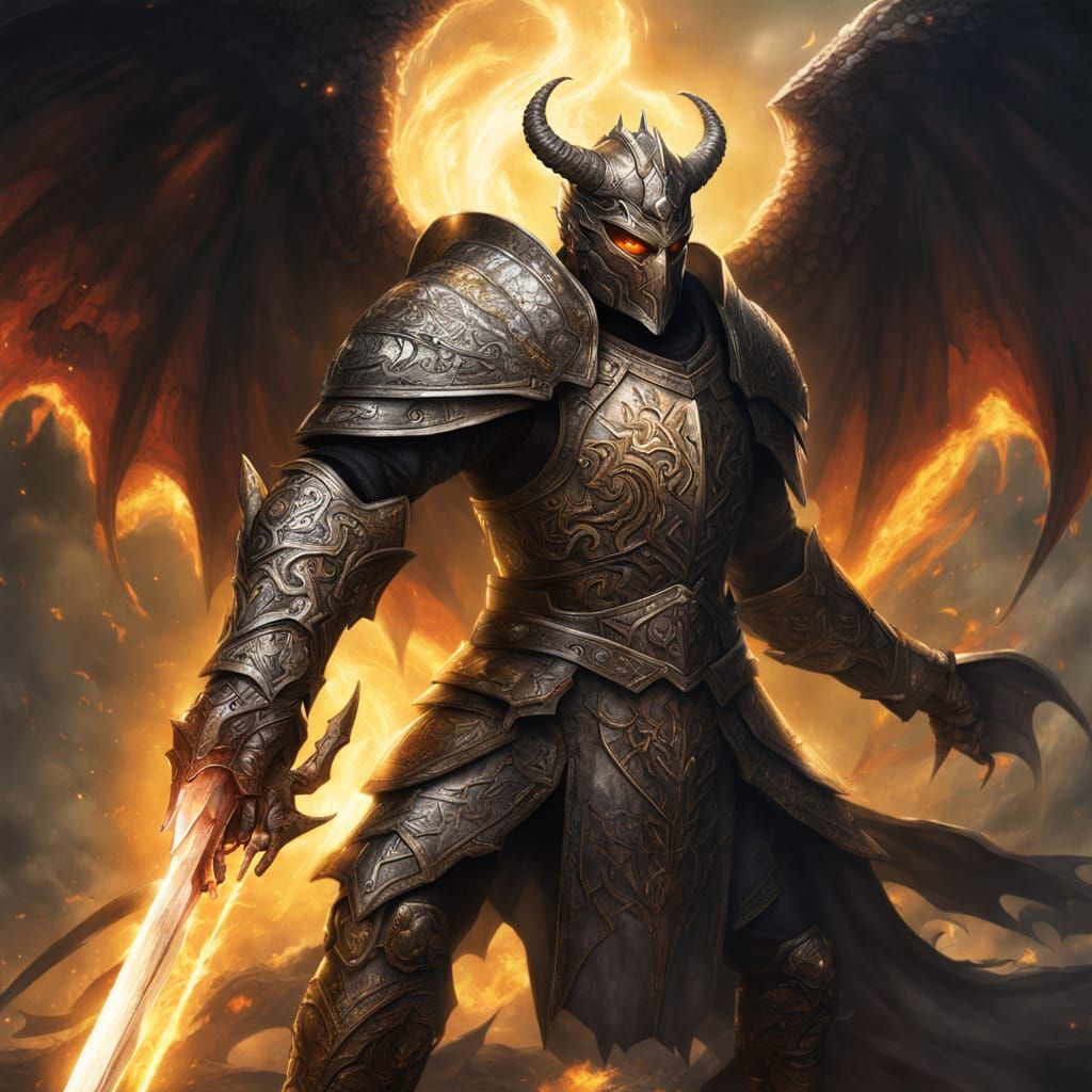 Epic Cyberpunk-Inspired Dragon Battles Angelic Knight in Spa...