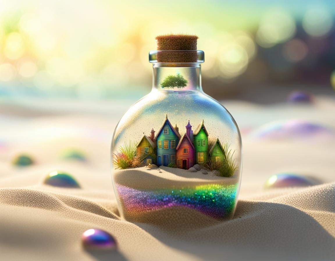 Fantasy Village in Glass Bottle on Beach