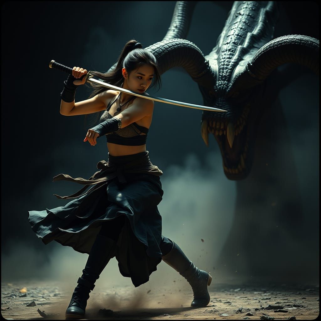 Epic Medieval Swordswoman Battles Tentacle Demon in Dark Are...