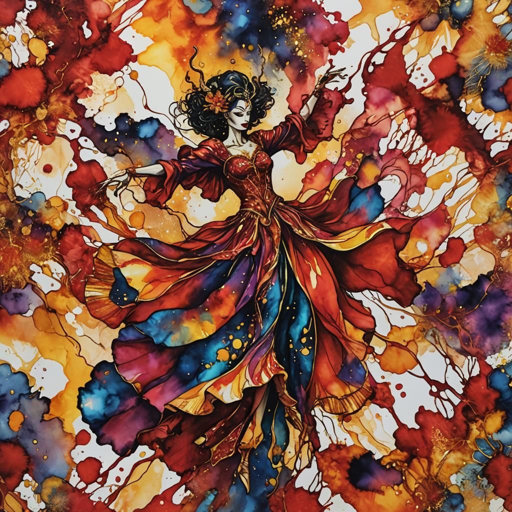 Abstract Alcohol Ink Art: Cosmic Serenade in Gold and Red