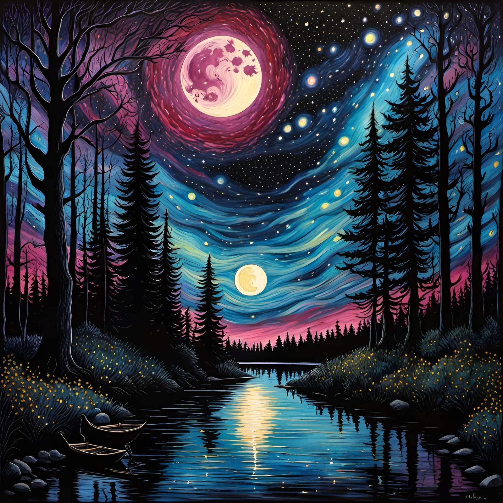 Gothic Starry Night Dock in Watercolor Style