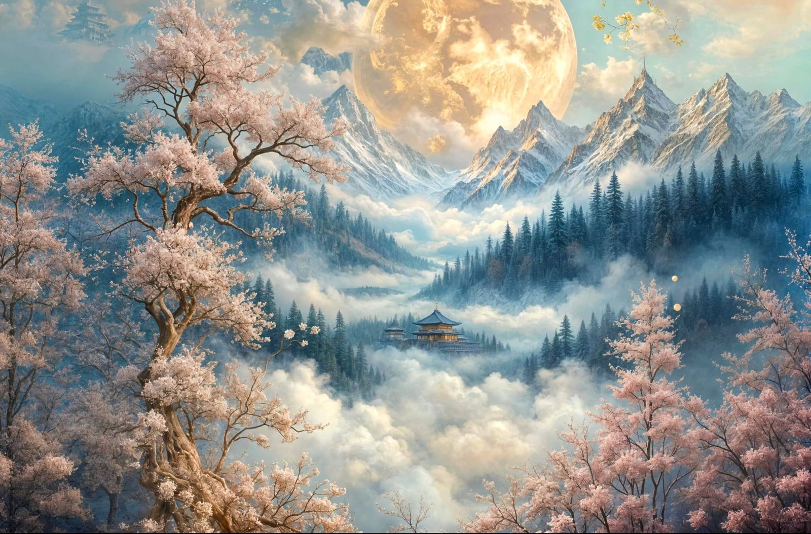 Ethereal Snowy Mountain Temple with Almond Blossoms