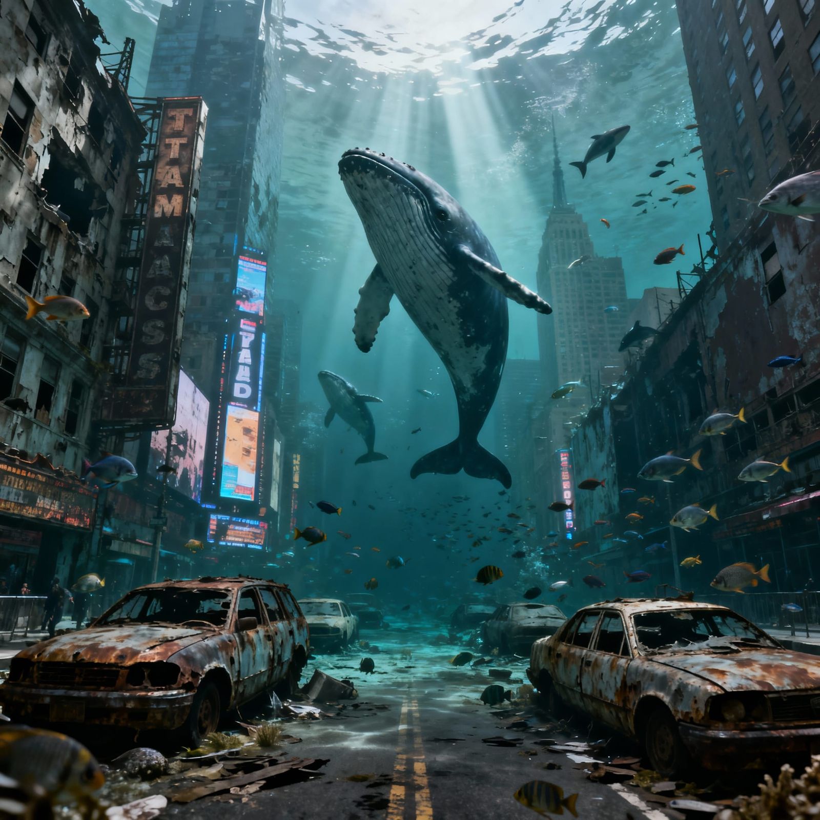 Underwater Times Square Ruin with Ocean Life