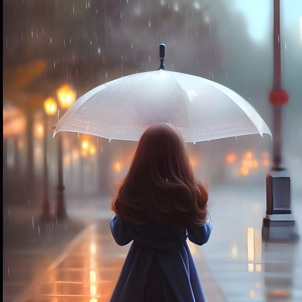 Anime Girl in Rain, Realistic Oil Painting Style