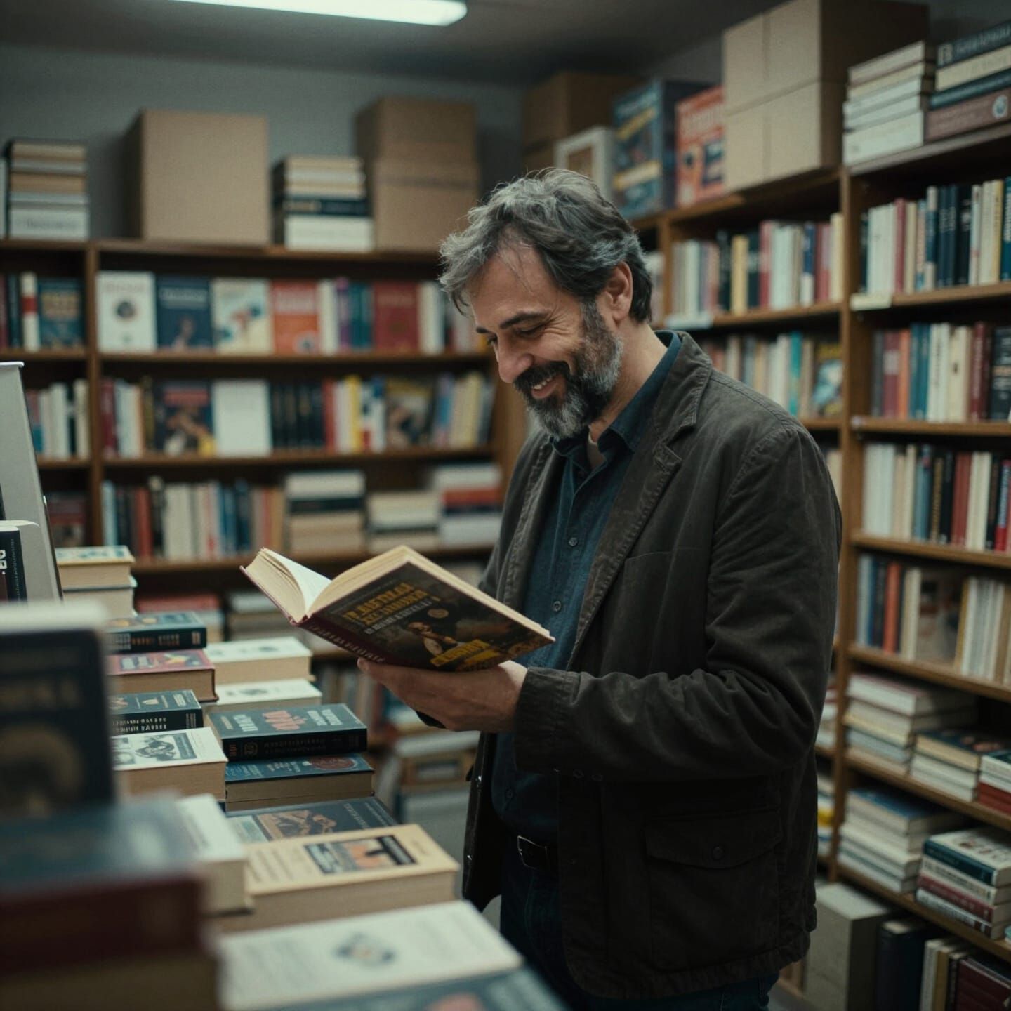 Italian Man Reads in Vast Bookstore