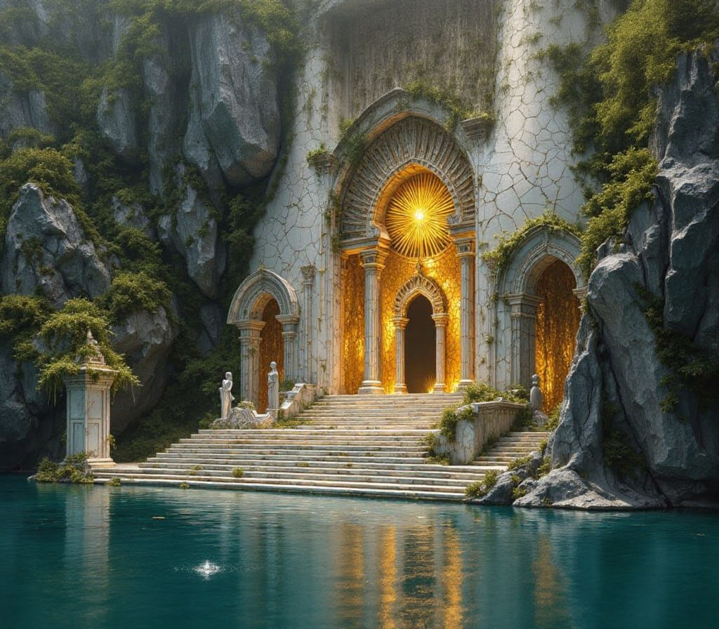 Mountain Temple with Marble Steps and Golden Pillars